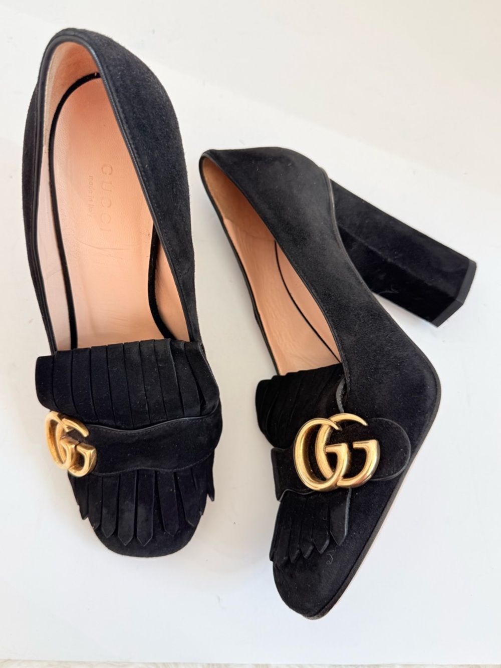 Gucci Marmont GG Suede Fringe Block Heel Pumps Black Loafer Heels EU 38.5 - Picture 1 of 9